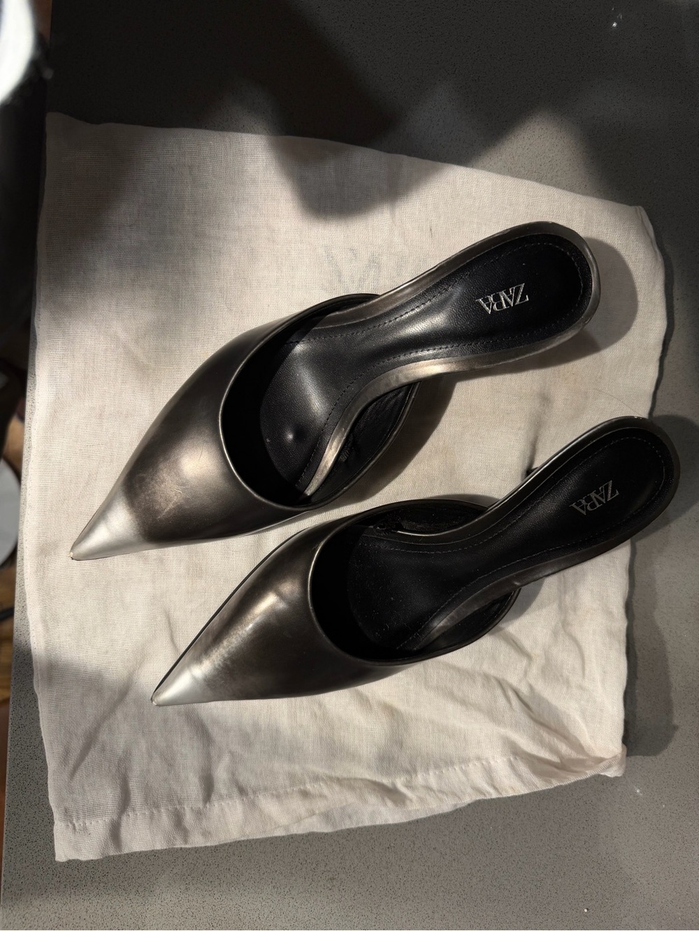ZARA Metallic Black Pointed Leather Mule Slides